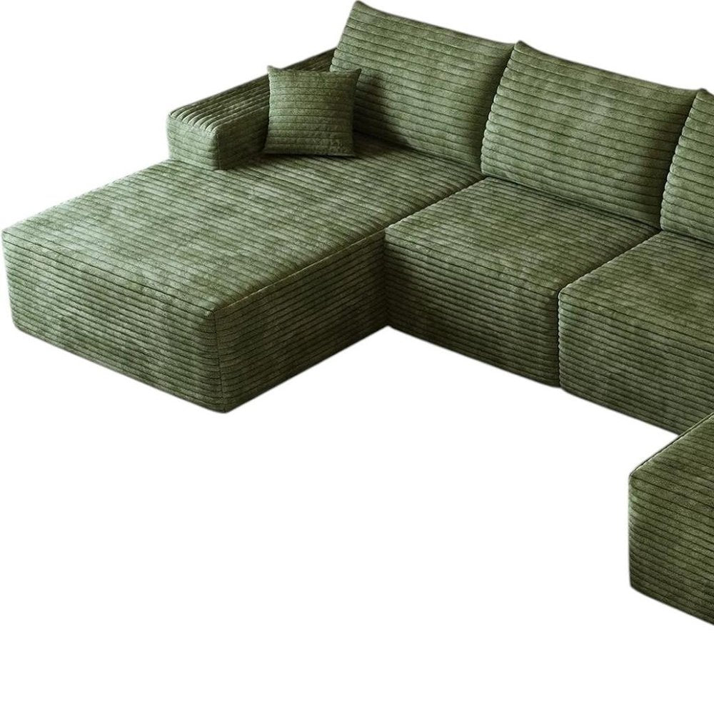 135" Green Corduroy Modular Universal Sofa With Ottoman And Toss Pillows