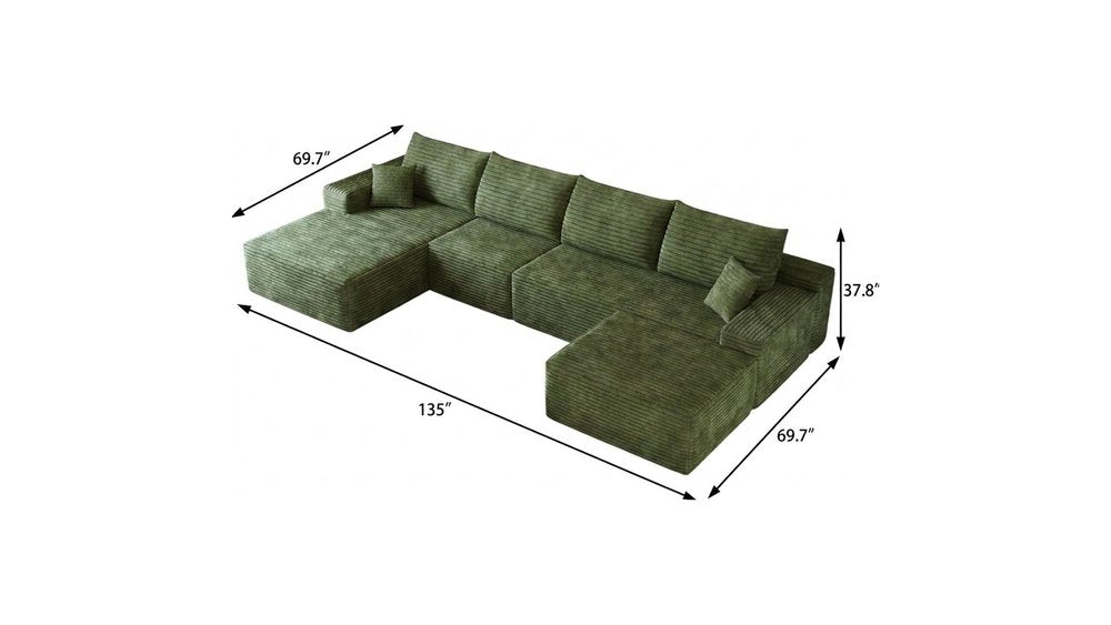 135" Green Corduroy Modular Universal Sofa With Ottoman And Toss Pillows