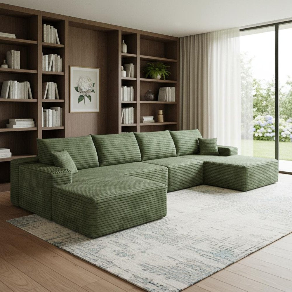 135" Green Corduroy Modular Universal Sofa With Ottoman And Toss Pillows