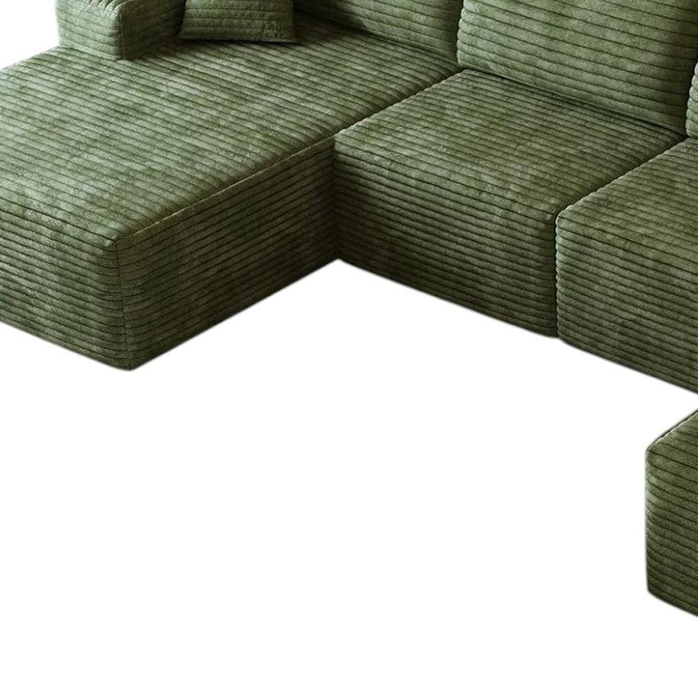 135" Green Corduroy Modular Universal Sofa With Ottoman And Toss Pillows