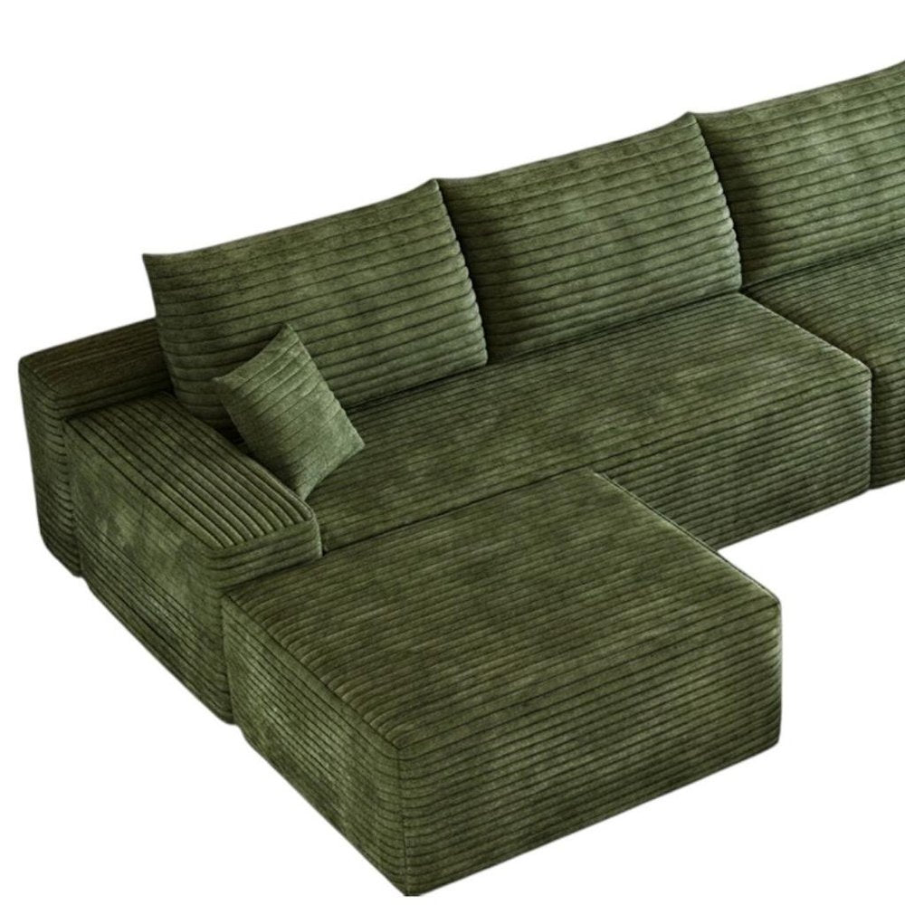 135" Green Corduroy Modular Universal Sofa With Ottoman And Toss Pillows