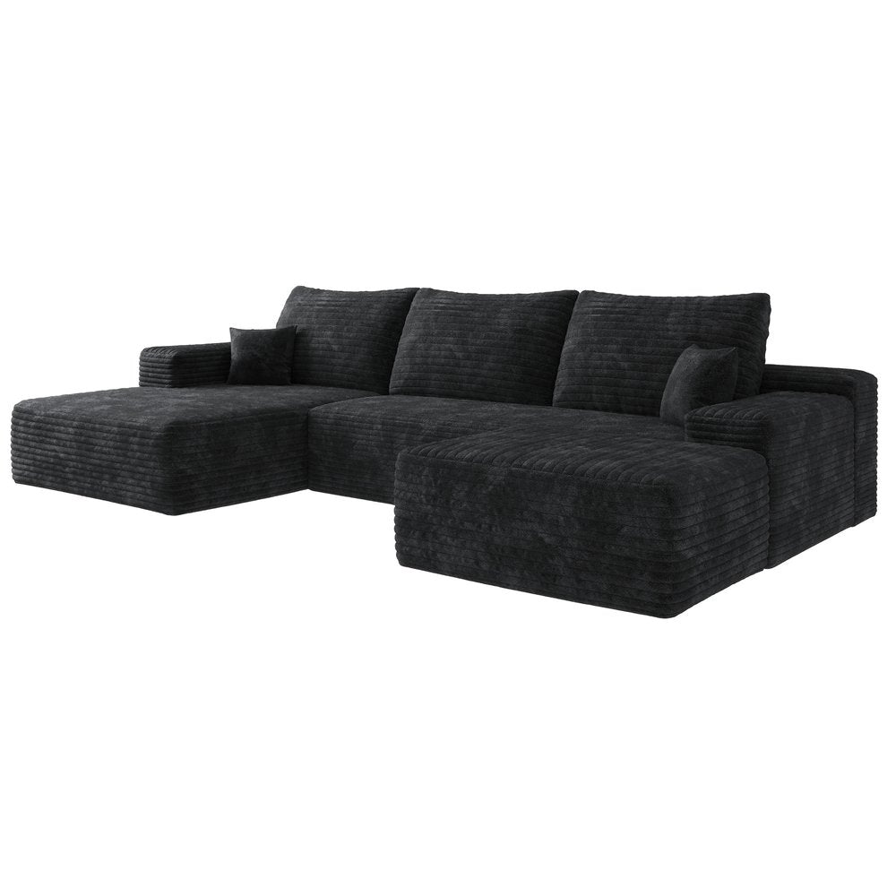 107" Black Corduroy Modular Universal Sofa With Ottoman And Toss Pillows