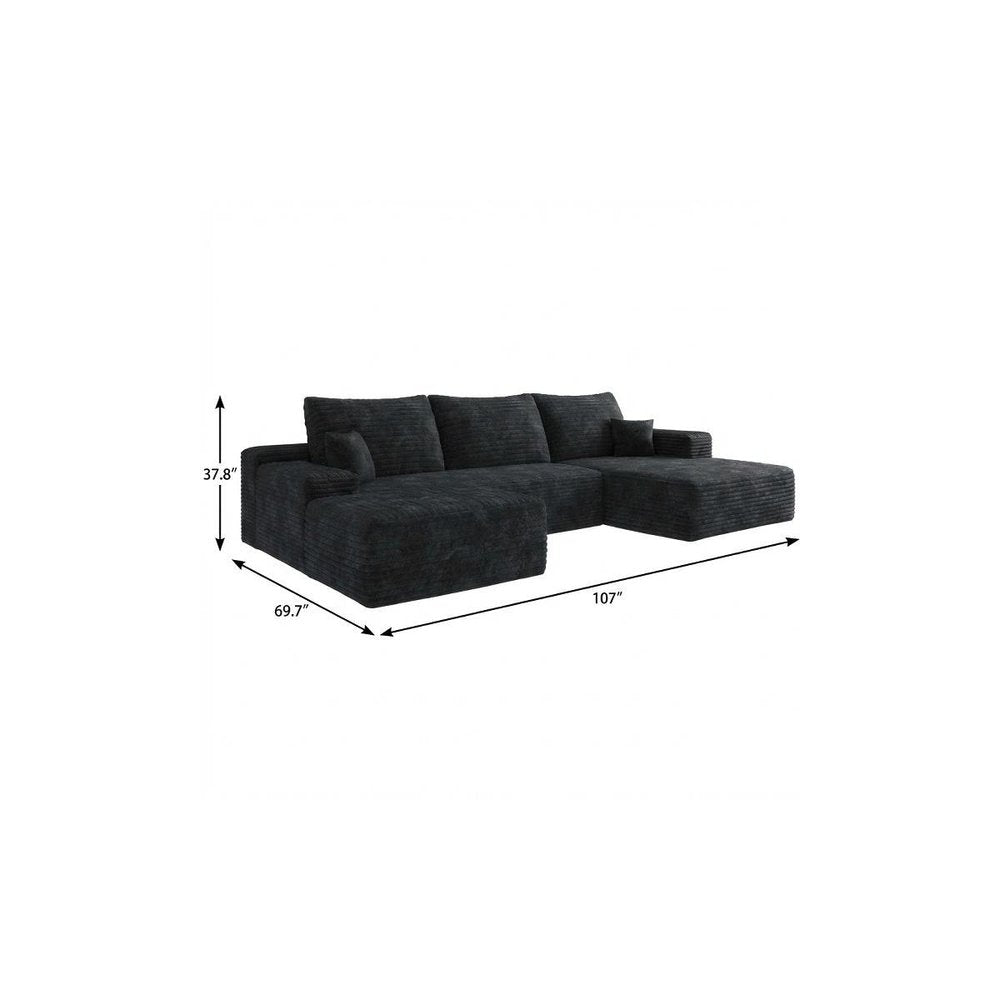 107" Black Corduroy Modular Universal Sofa With Ottoman And Toss Pillows