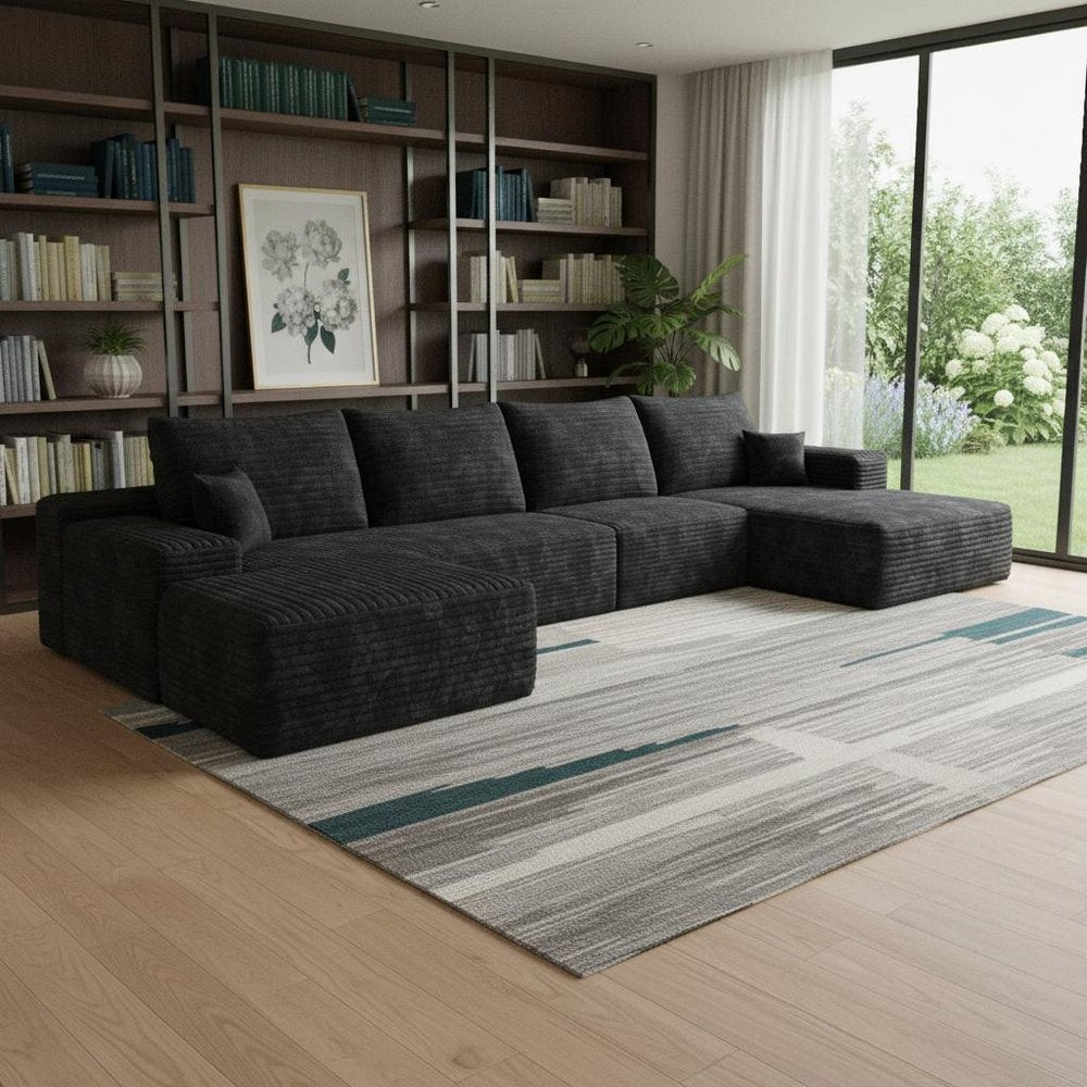 107" Black Corduroy Modular Universal Sofa With Ottoman And Toss Pillows