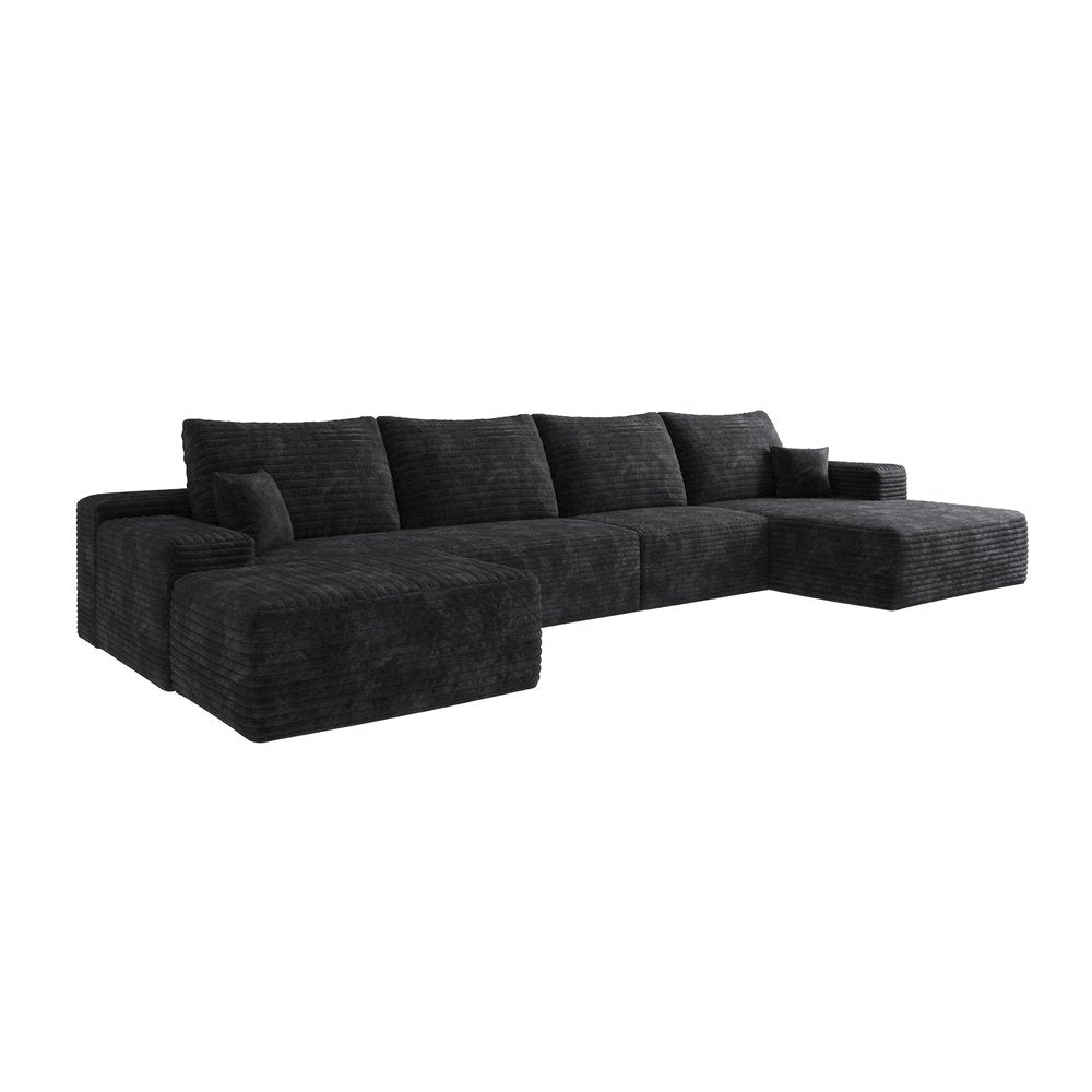 107" Black Corduroy Modular Universal Sofa With Ottoman And Toss Pillows