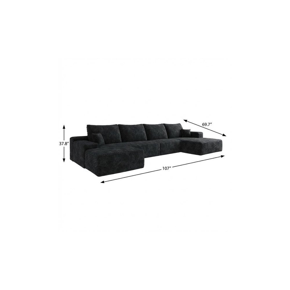 107" Black Corduroy Modular Universal Sofa With Ottoman And Toss Pillows