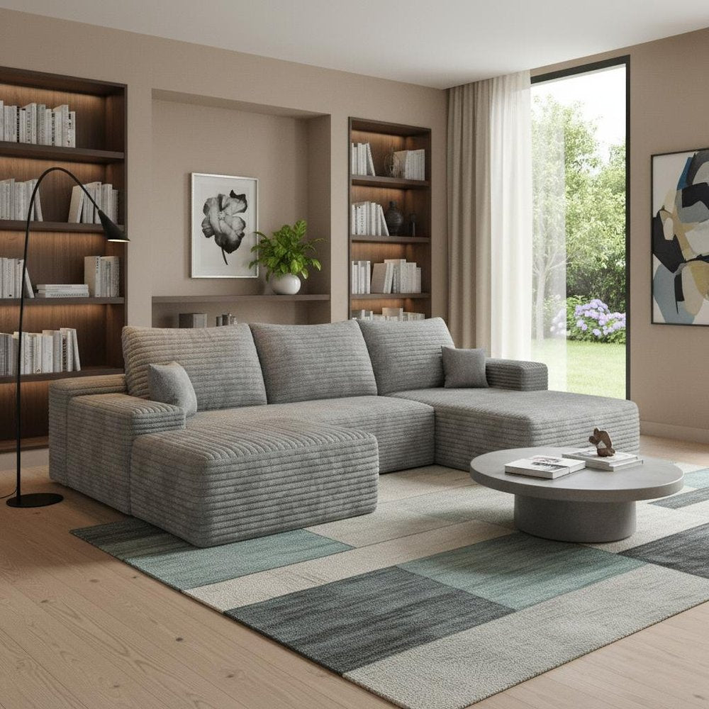 107" Gray Corduroy Modular Universal Sofa With Ottoman And Toss Pillows