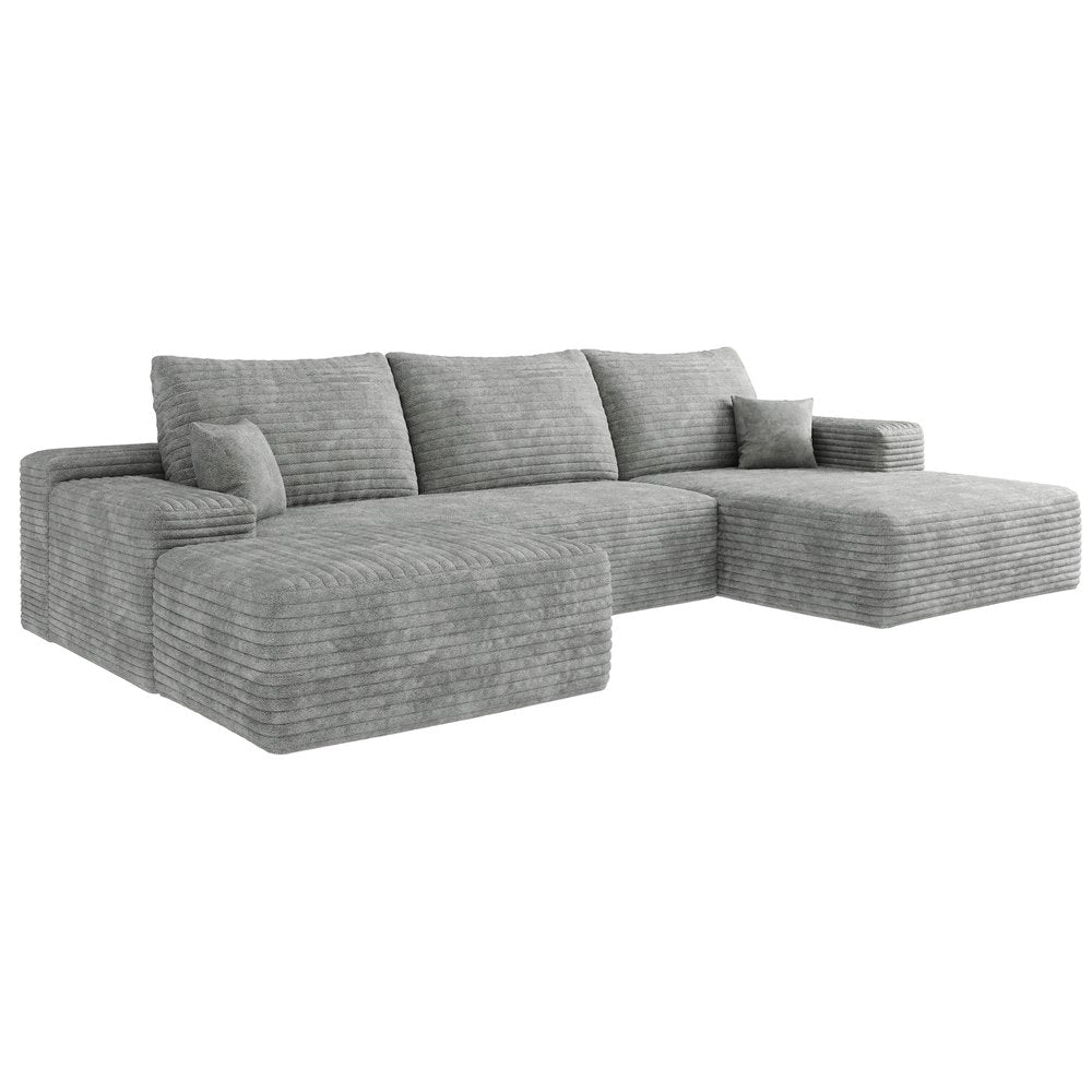 107" Gray Corduroy Modular Universal Sofa With Ottoman And Toss Pillows