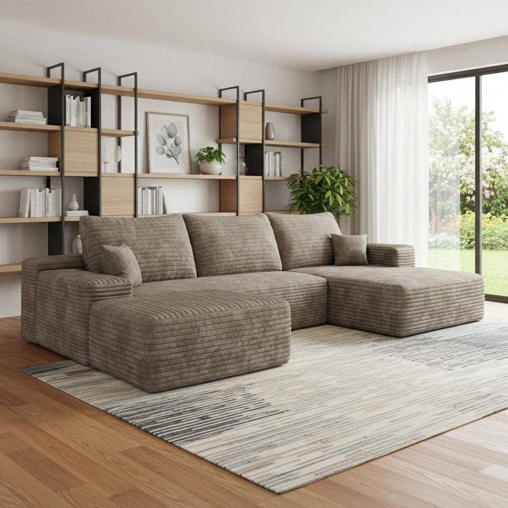 107" Camel Corduroy Modular Universal Sofa With Ottoman And Toss Pillows