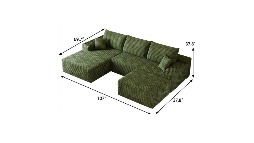 107" Green Corduroy Modular Universal Sofa With Ottoman And Toss Pillows