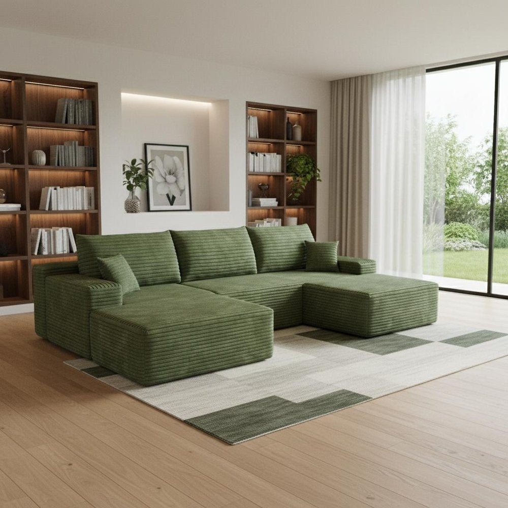 107" Green Corduroy Modular Universal Sofa With Ottoman And Toss Pillows