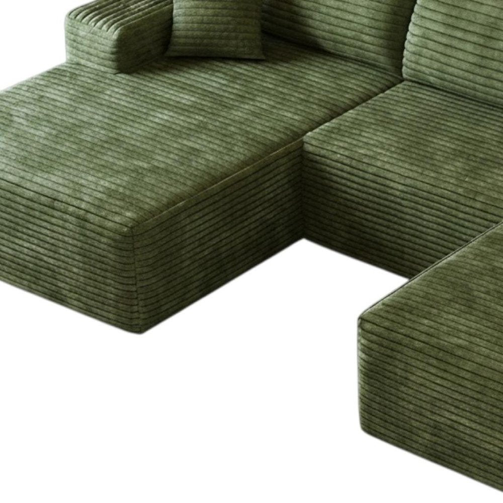 107" Green Corduroy Modular Universal Sofa With Ottoman And Toss Pillows