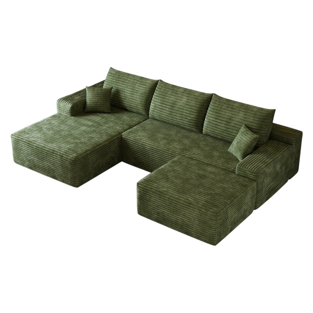 107" Green Corduroy Modular Universal Sofa With Ottoman And Toss Pillows