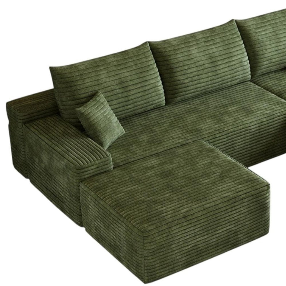 107" Green Corduroy Modular Universal Sofa With Ottoman And Toss Pillows