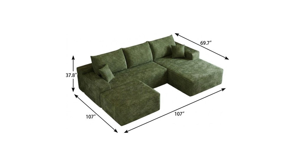 107" Green Corduroy Modular Universal Sofa With Ottoman And Toss Pillows