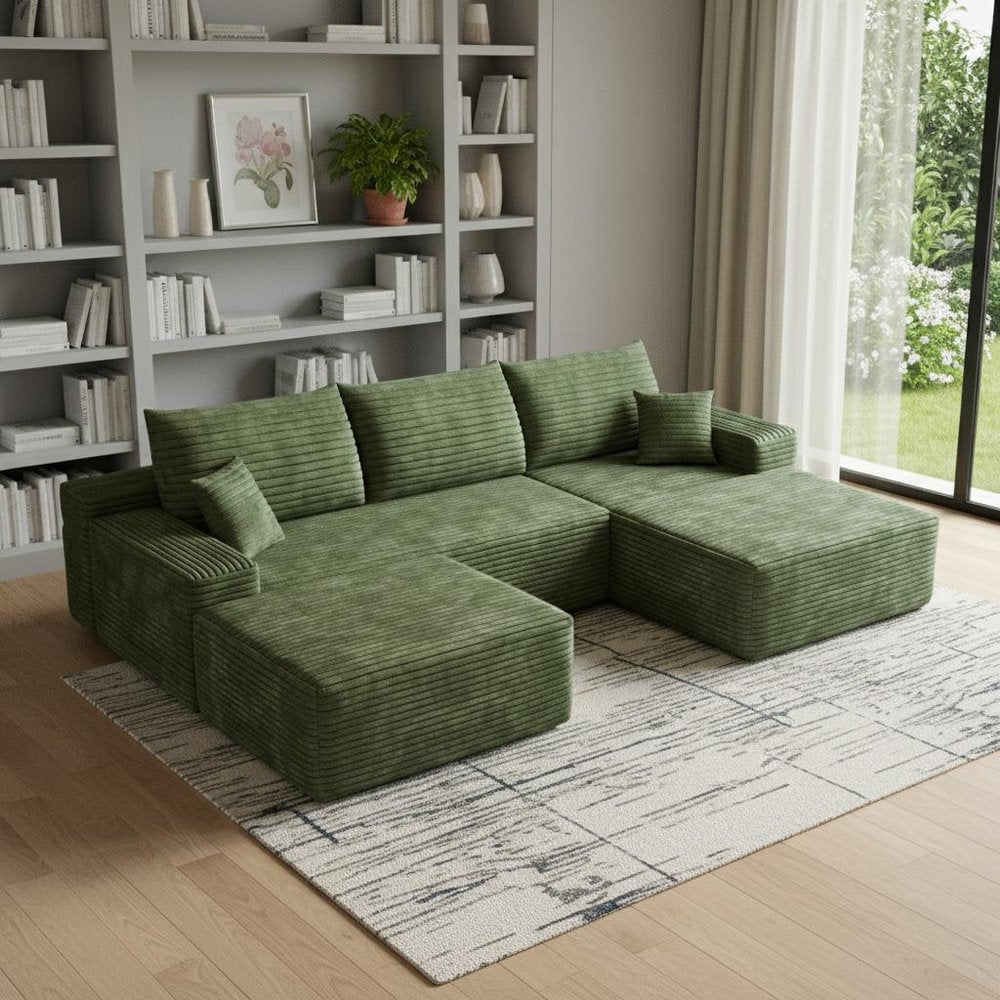 107" Green Corduroy Modular Universal Sofa With Ottoman And Toss Pillows