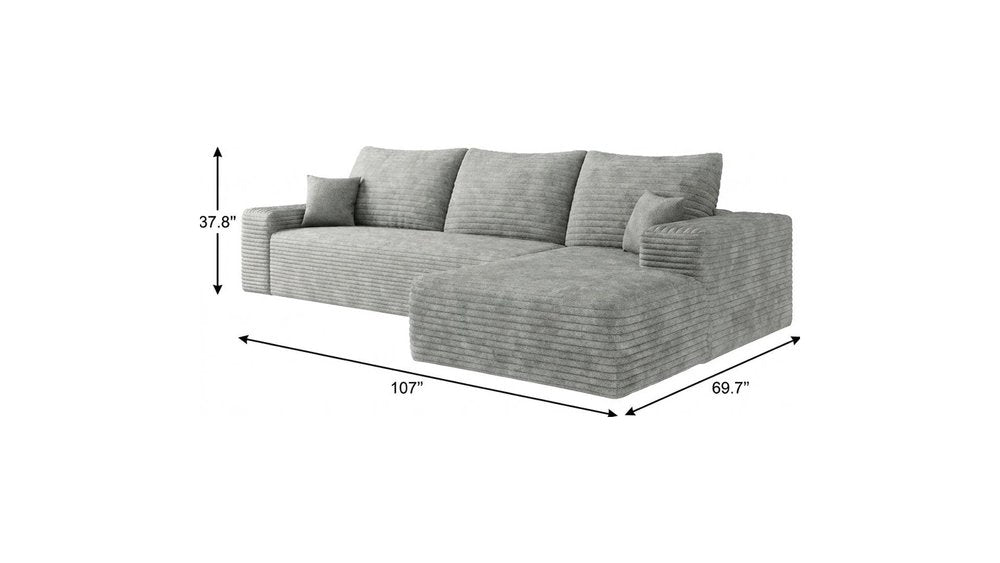 107" Gray Corduroy Modular Universal Sofa With Toss Pillows