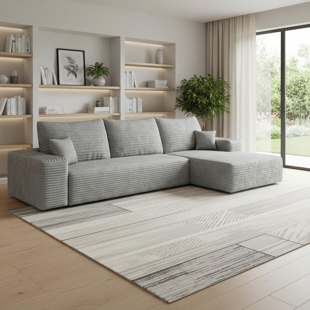 107" Gray Corduroy Modular Universal Sofa With Toss Pillows