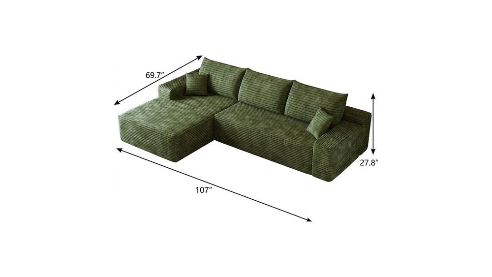 107" Green Corduroy Modular Universal Sofa With Toss Pillows
