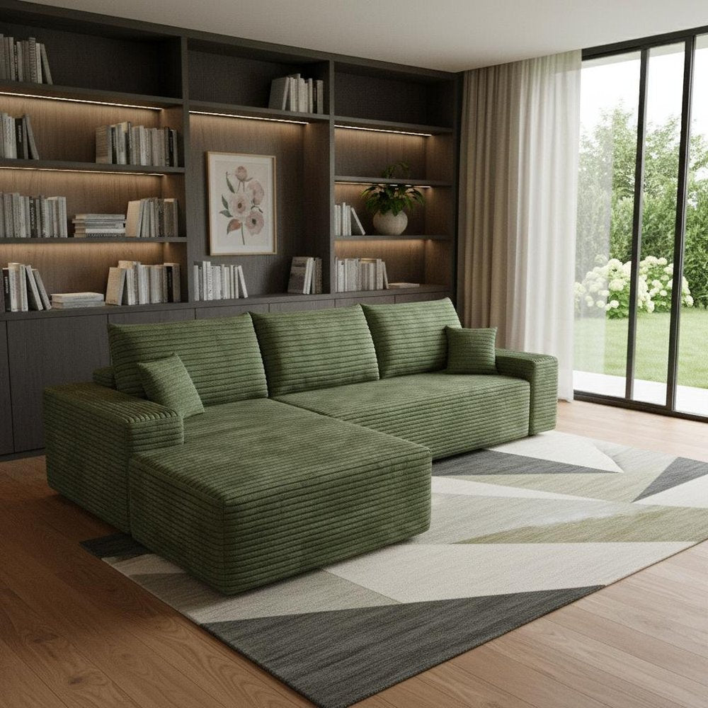 107" Green Corduroy Modular Universal Sofa With Toss Pillows