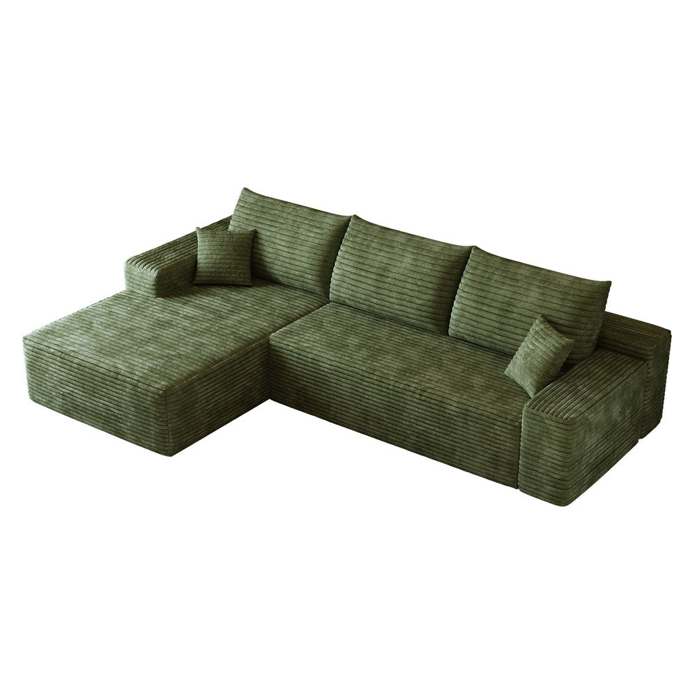107" Green Corduroy Modular Universal Sofa With Toss Pillows