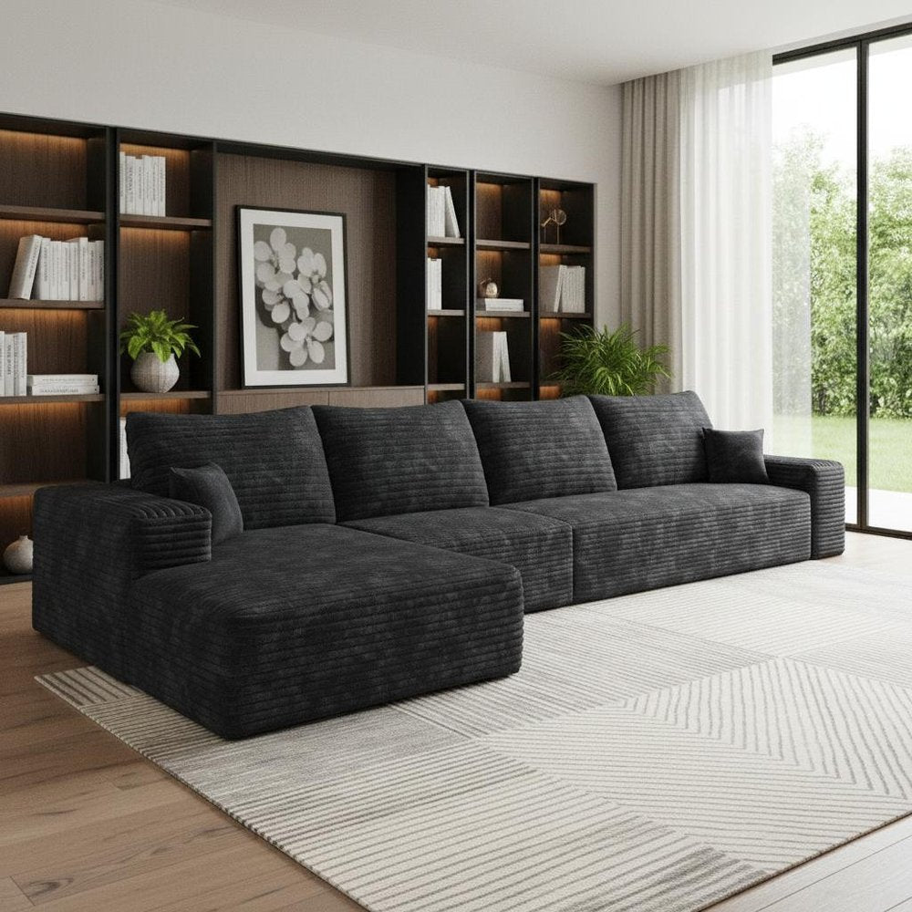 135" Black Corduroy Modular Universal Sofa With Toss Pillows