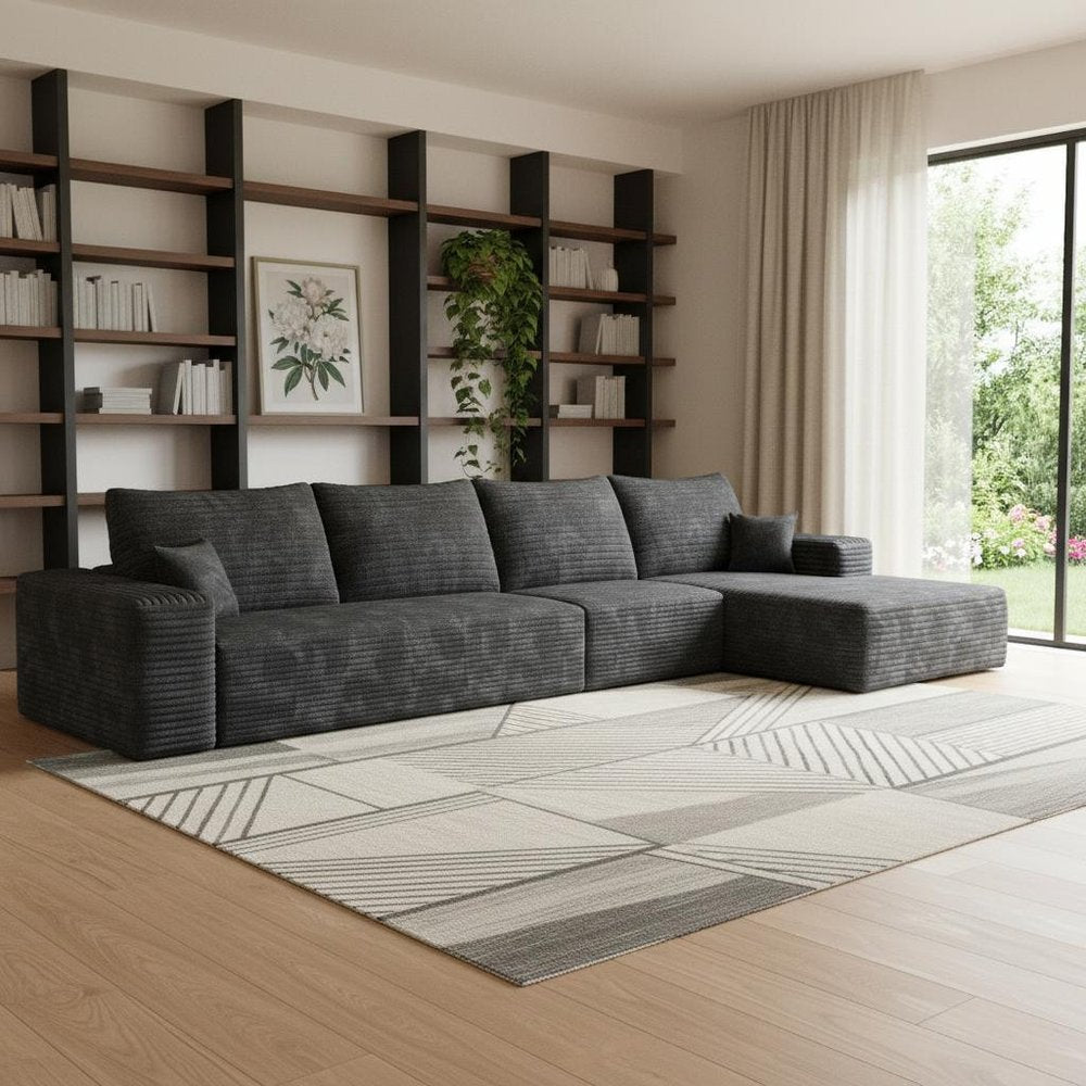 135" Black Corduroy Modular Universal Sofa With Toss Pillows