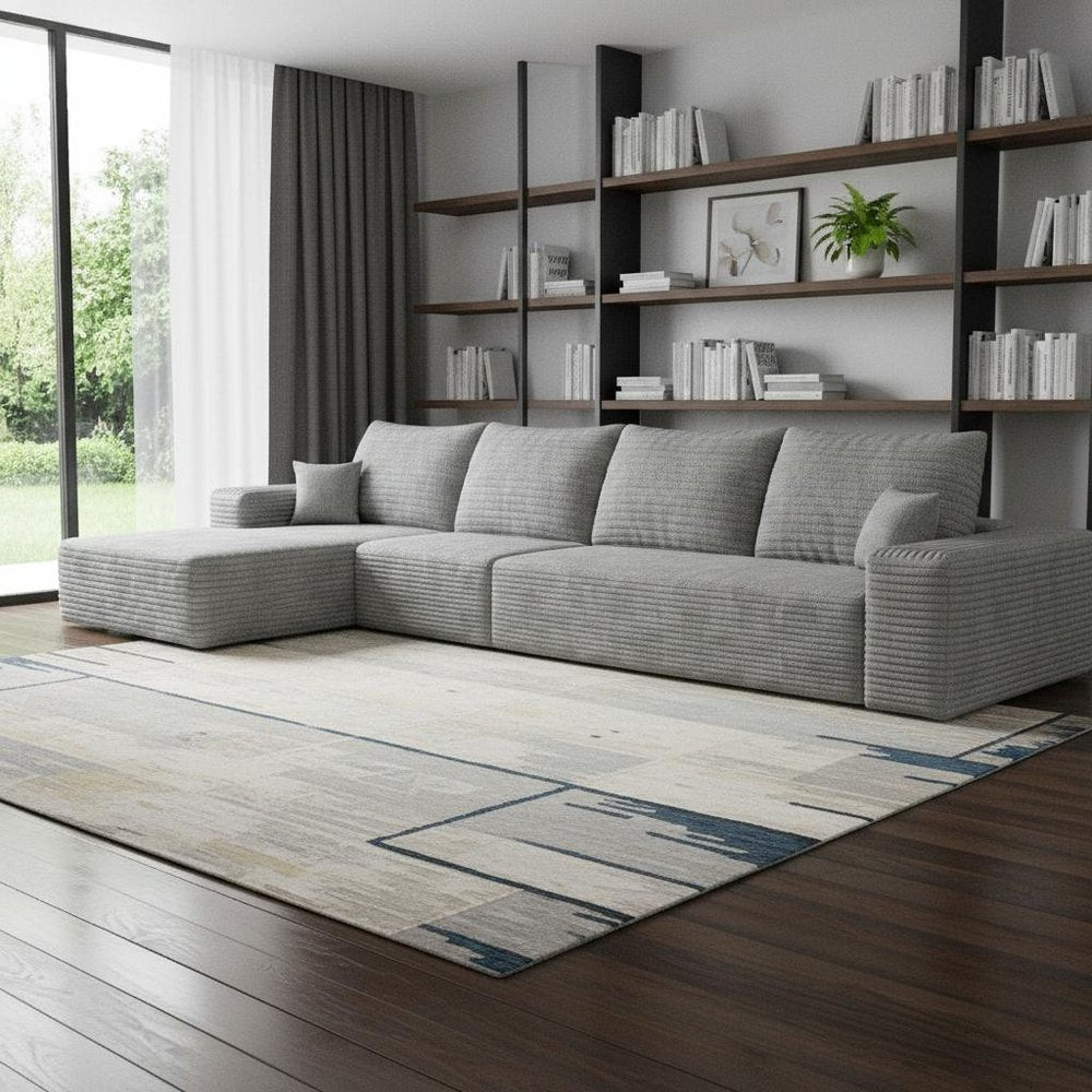 135" Gray Corduroy Modular Universal Sofa With Toss Pillows