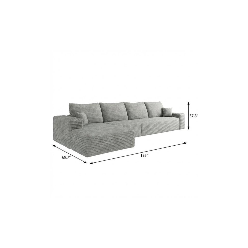 135" Gray Corduroy Modular Universal Sofa With Toss Pillows