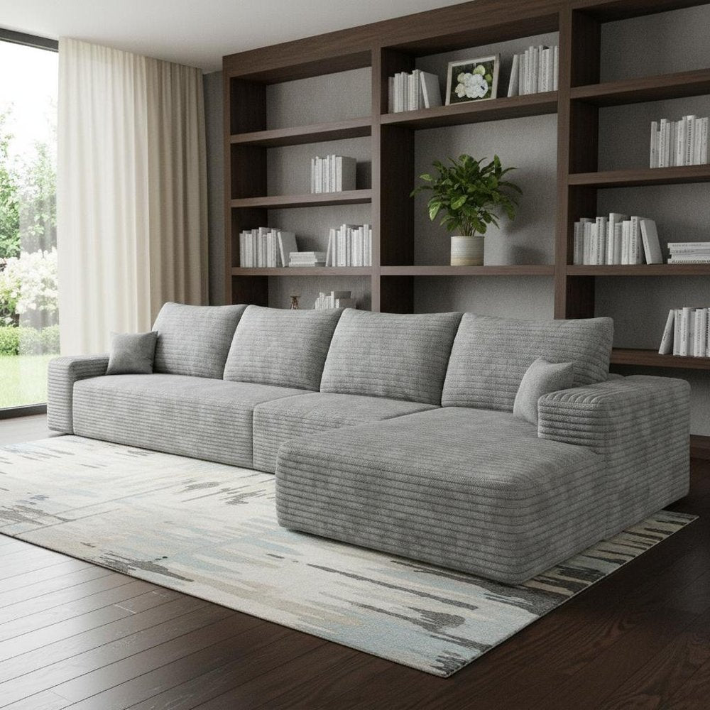 135" Gray Corduroy Modular Universal Sofa With Toss Pillows