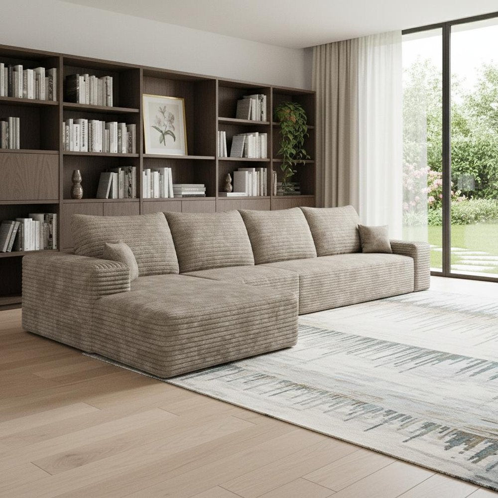 135" Camel Corduroy Modular Universal Sofa With Toss Pillows