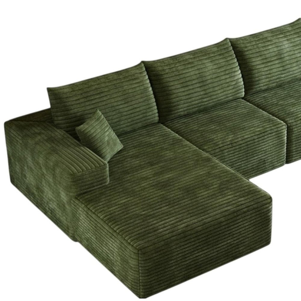 135" Green Corduroy Modular Universal Sofa With Toss Pillows