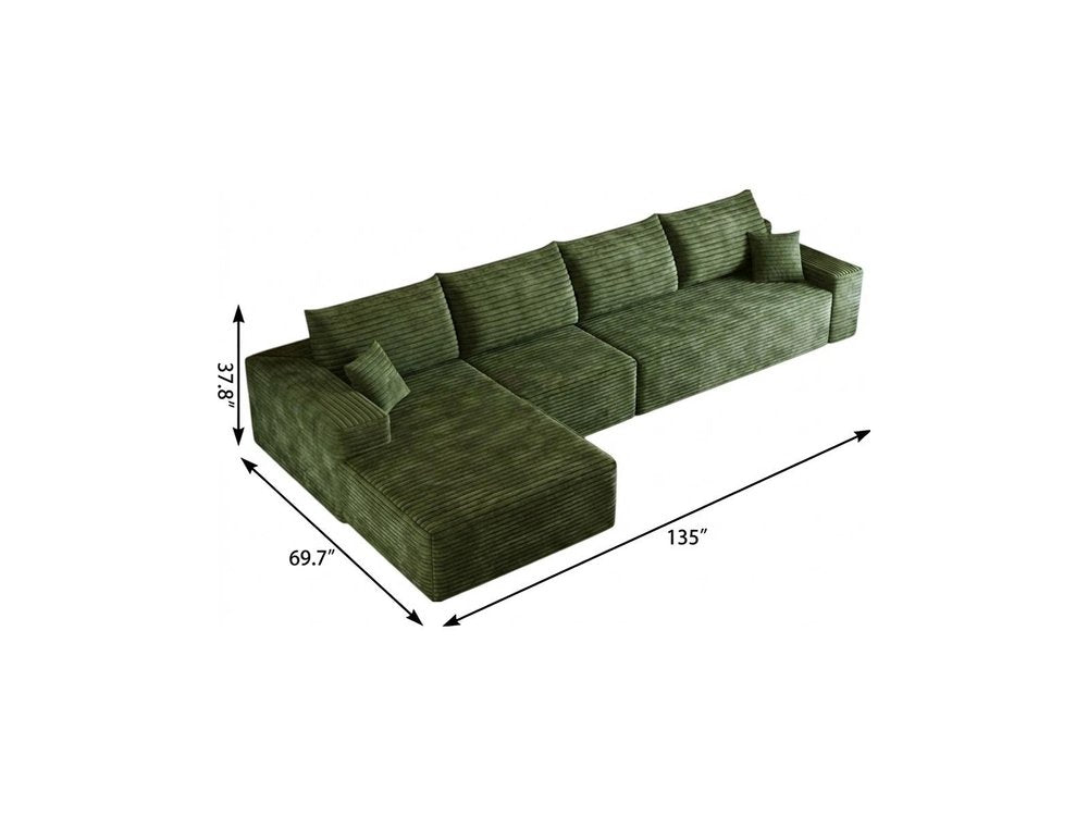 135" Green Corduroy Modular Universal Sofa With Toss Pillows