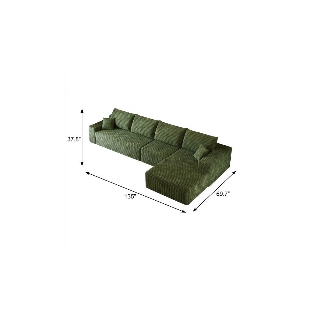 135" Green Corduroy Modular Universal Sofa With Toss Pillows