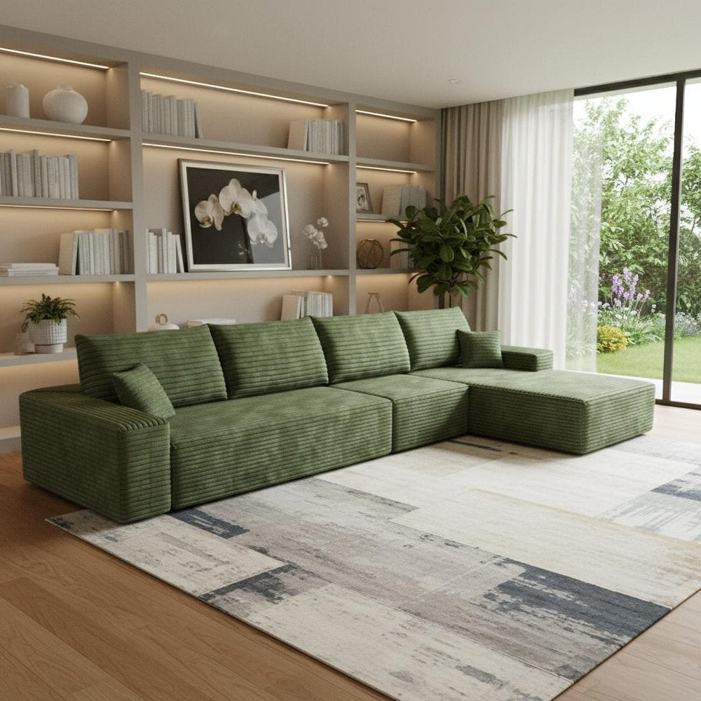 135" Green Corduroy Modular Universal Sofa With Toss Pillows