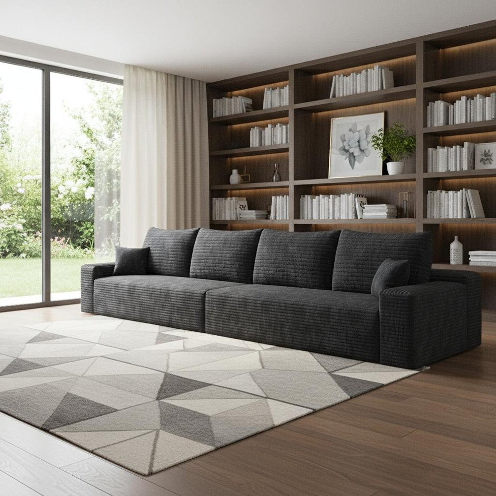 140" Black Corduroy Modular Universal Sofa With Toss Pillows
