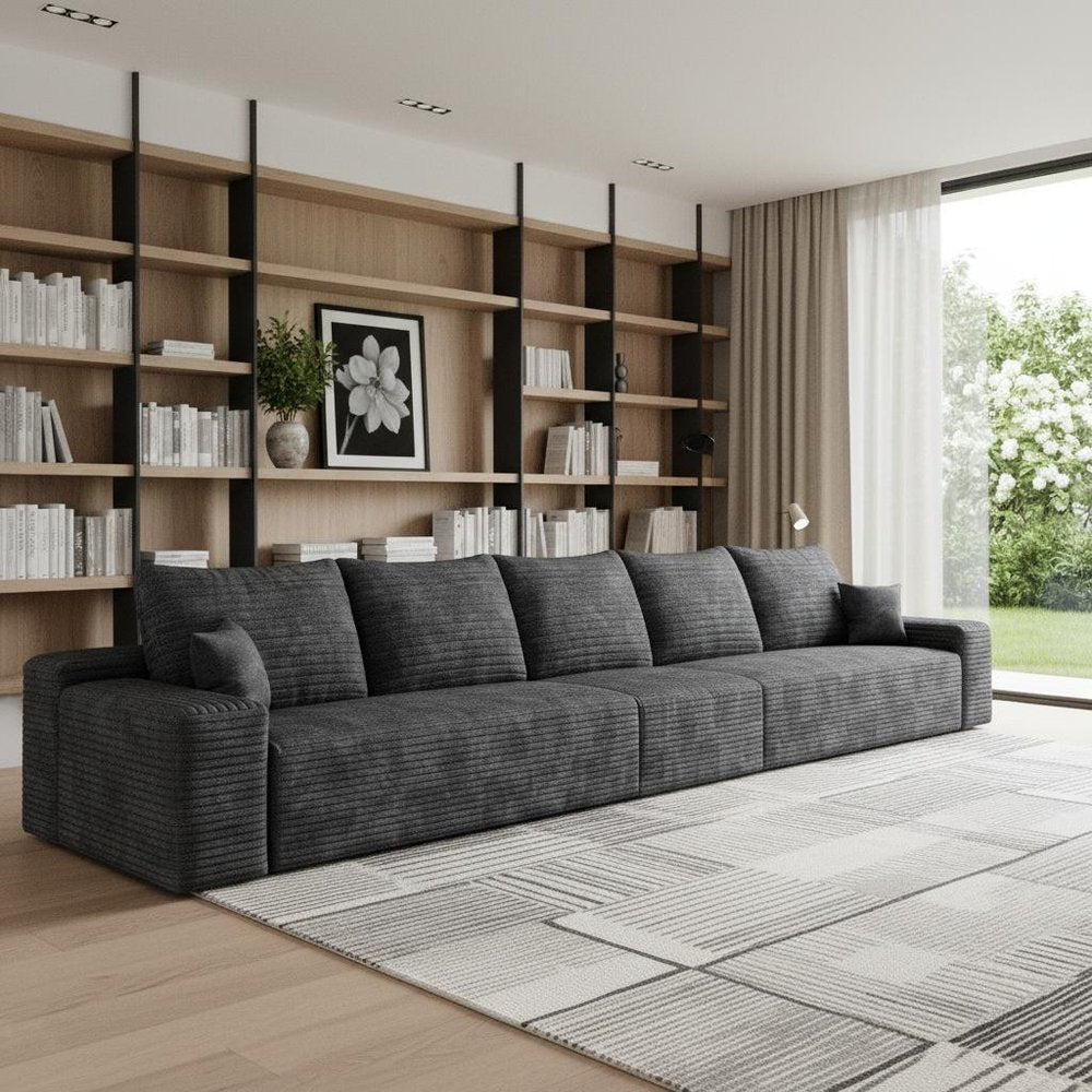 168" Black Corduroy Modular Universal Sofa With Toss Pillows