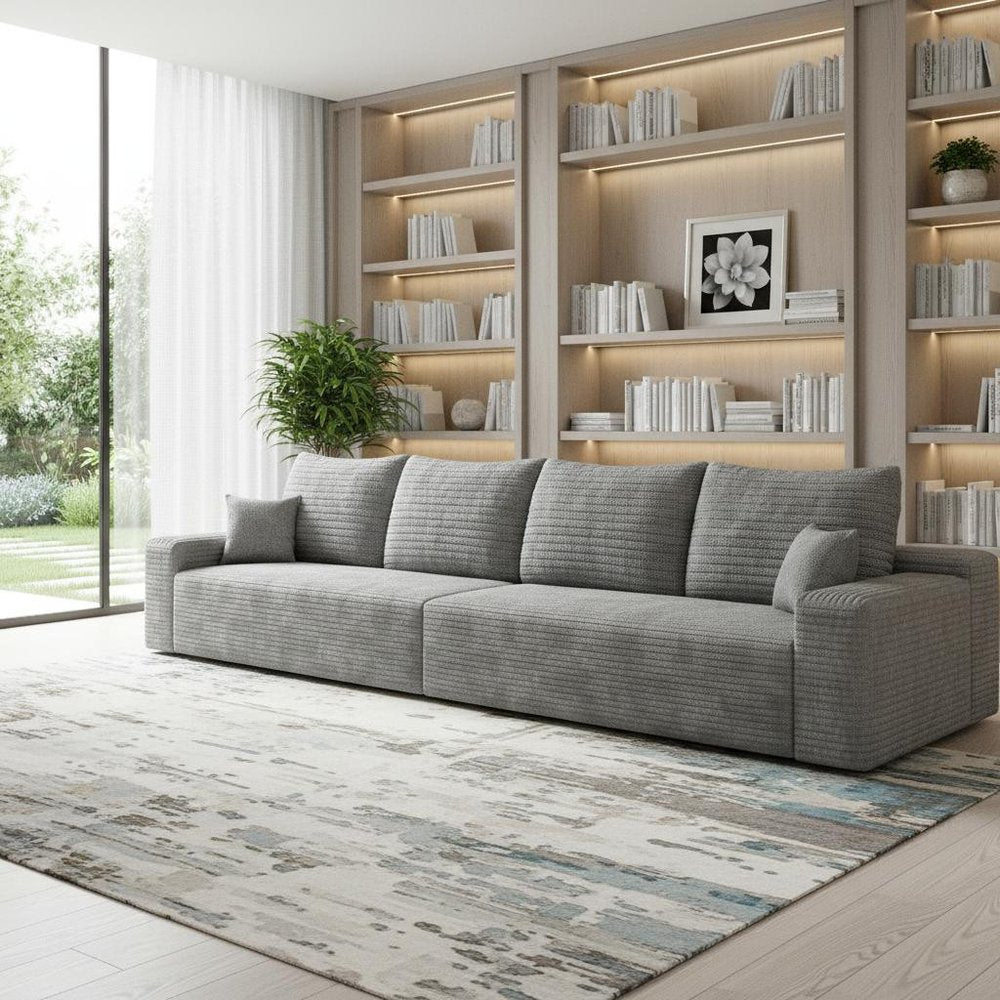 140" Gray Corduroy Modular Universal Sofa With Toss Pillows