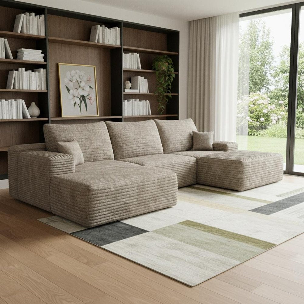107" Camel Corduroy Modular Universal Sofa With Ottoman And Toss Pillows
