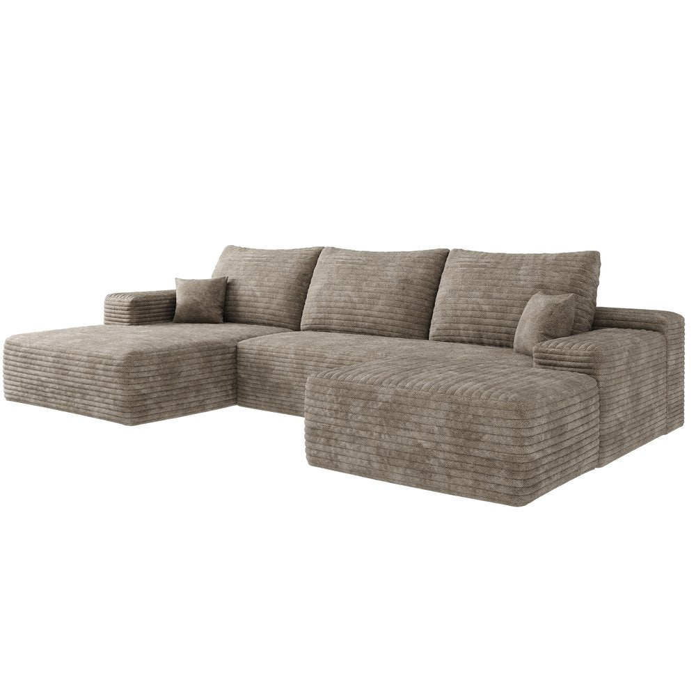 107" Camel Corduroy Modular Universal Sofa With Ottoman And Toss Pillows