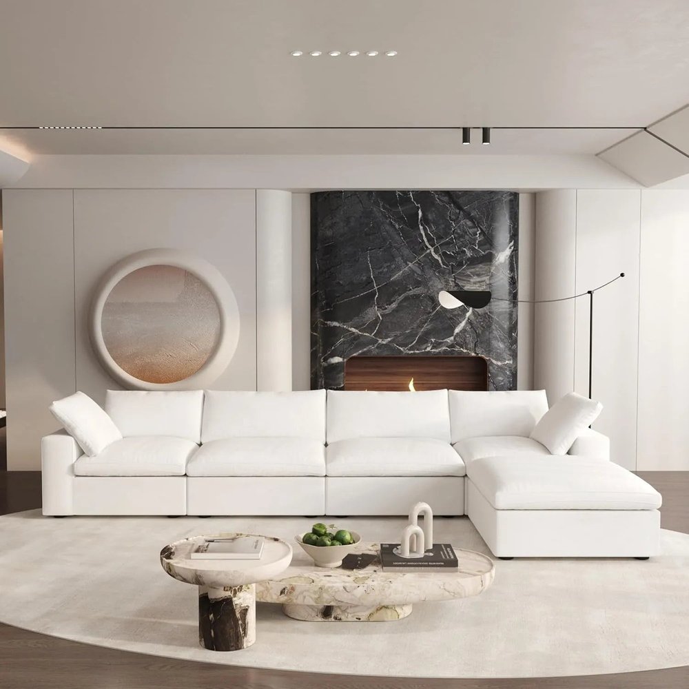 160" White Linen Blend Modular Universal Sofa With Ottoman And Storage