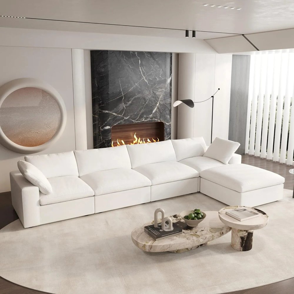 160" White Linen Blend Modular Universal Sofa With Ottoman And Storage