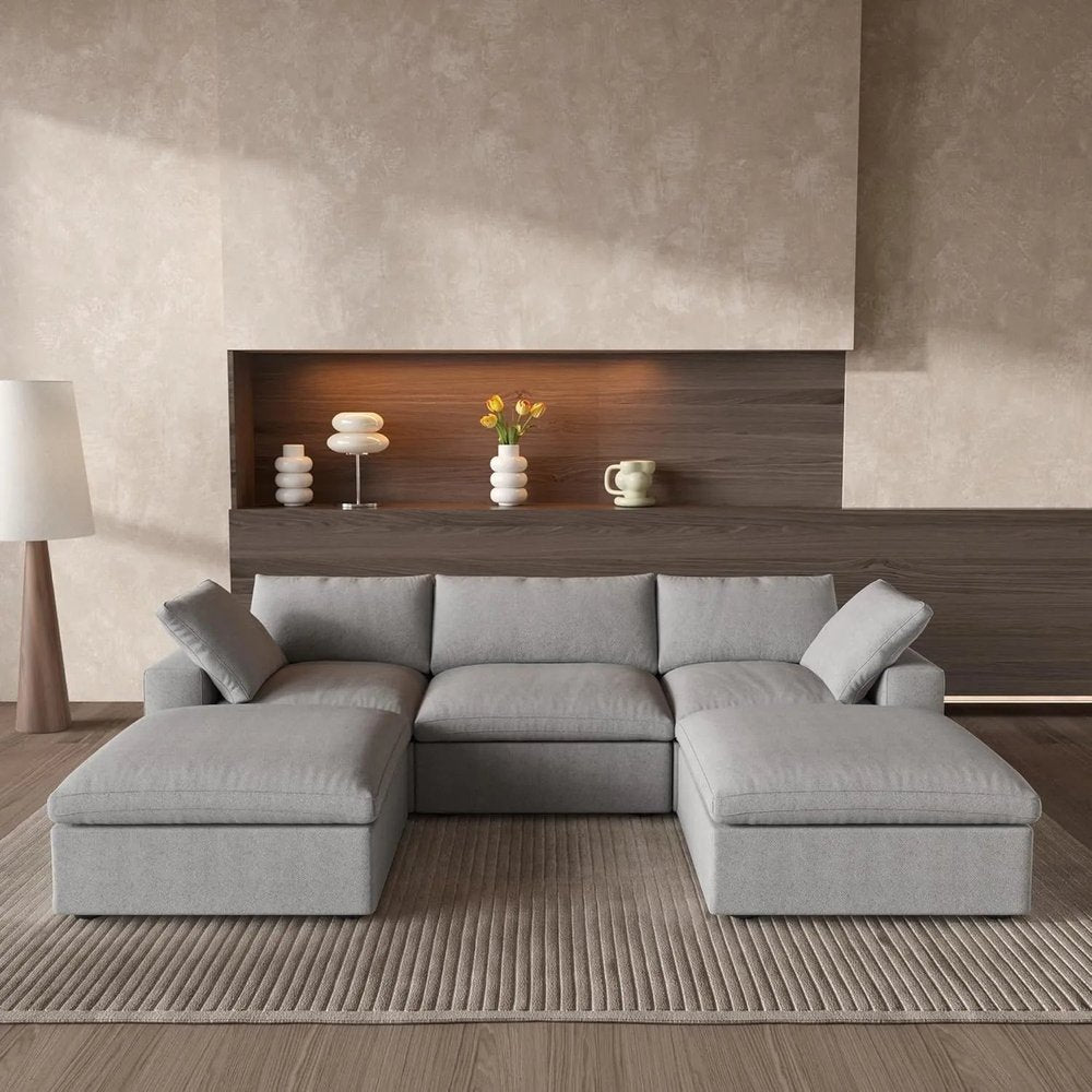 120" Light Gray Linen Blend Modular Universal Sofa With Ottoman And Storage