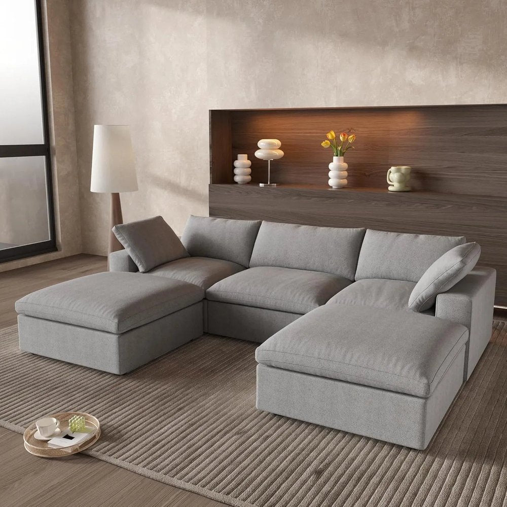 120" Light Gray Linen Blend Modular Universal Sofa With Ottoman And Storage