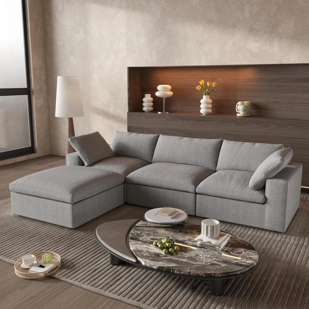 120" Light Gray Linen Blend Modular Universal Sofa With Ottoman And Storage