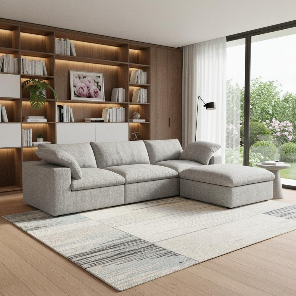 120" Light Gray Linen Blend Modular Universal Sofa With Ottoman And Storage