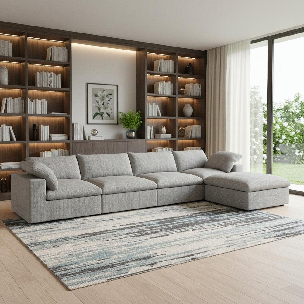 160" Light Gray Linen Blend Modular Universal Sofa With Ottoman And Storage