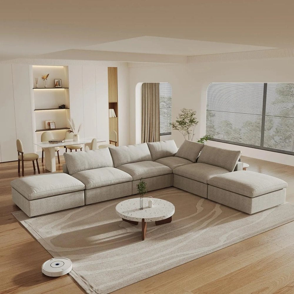 160" Khaki Linen Blend Modular Armless Sofa With Ottomans Toss Pillows And Storage