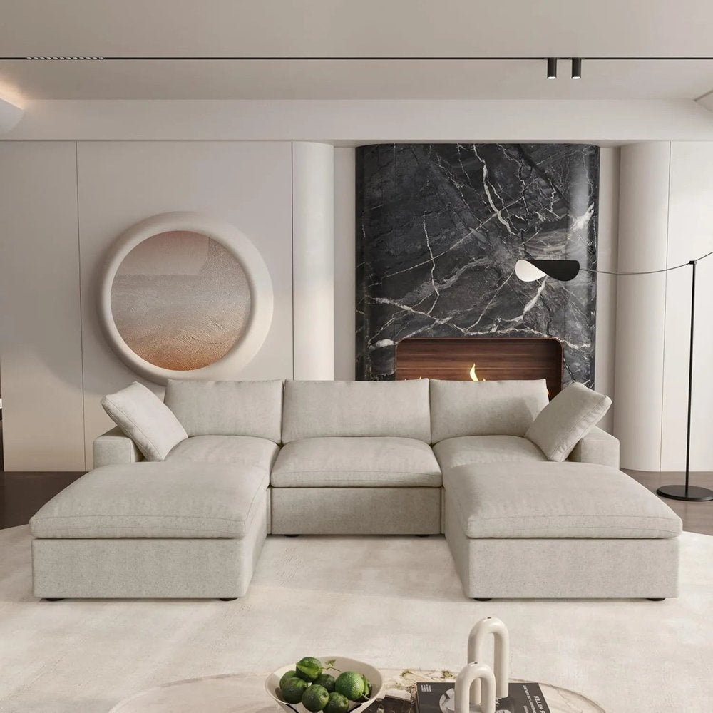 120" Beige Linen Blend Modular Sofa With Ottoman And Toss Pillows And Storage