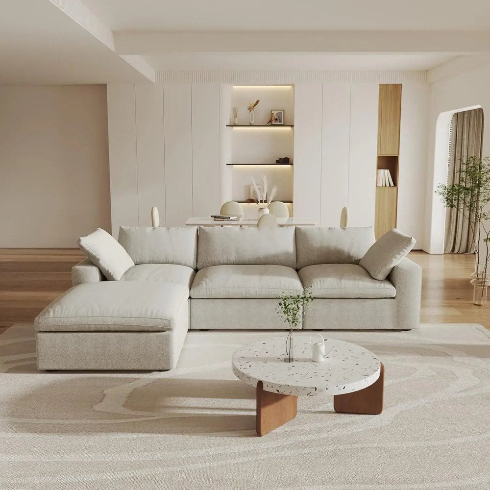 Khaki Linen Blend Modular L Shaped Four Piece Corner Sectional With Toss Pillows